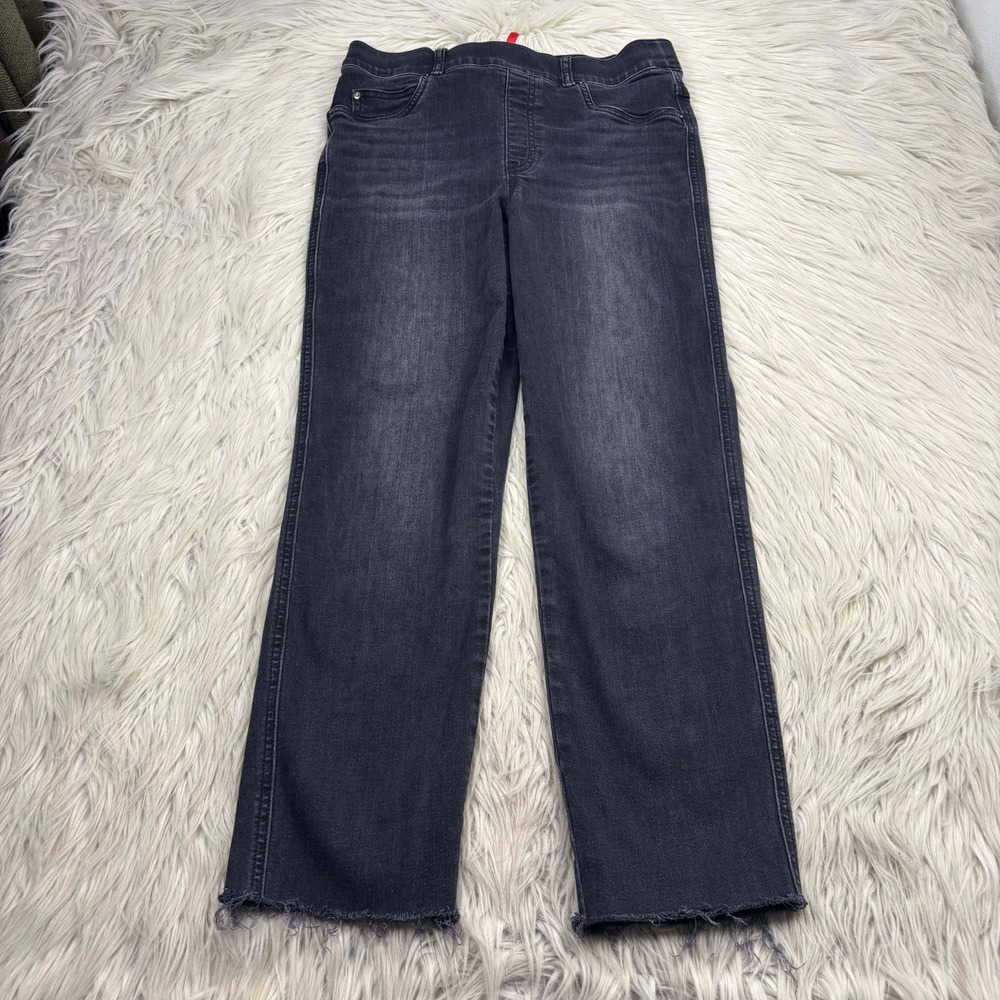 Spanx Women's M Gray Wash Raw Hem Slim Straight Leg Pull On Jeans